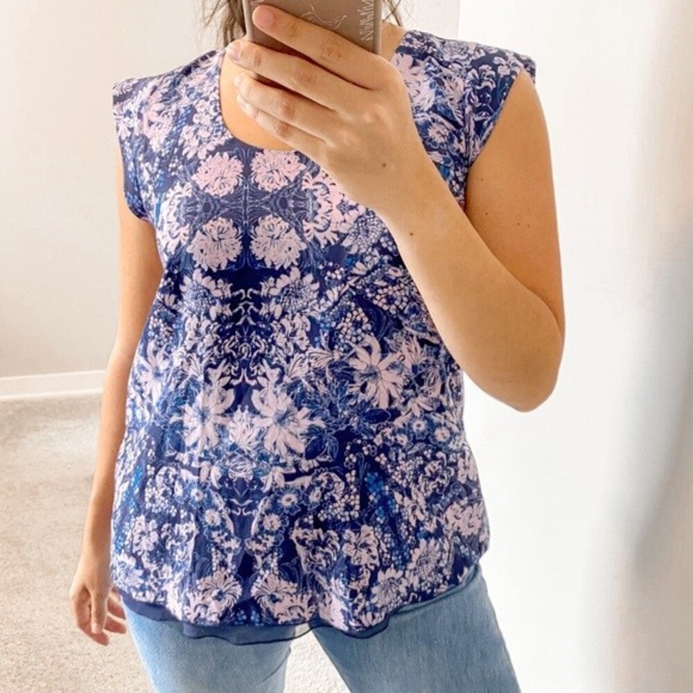 Rebecca Taylor Kiku Silk Print Blouse Floral Pink Blue Boho Open Back Size 4